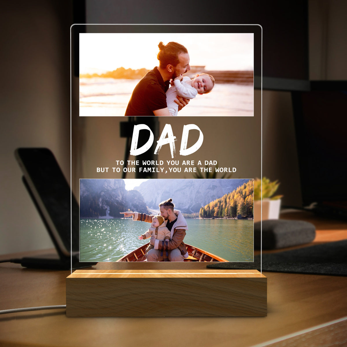 Dad You Are The World Photo Collage - Personalized 3D LED Light Wooden Base - Gift For Father