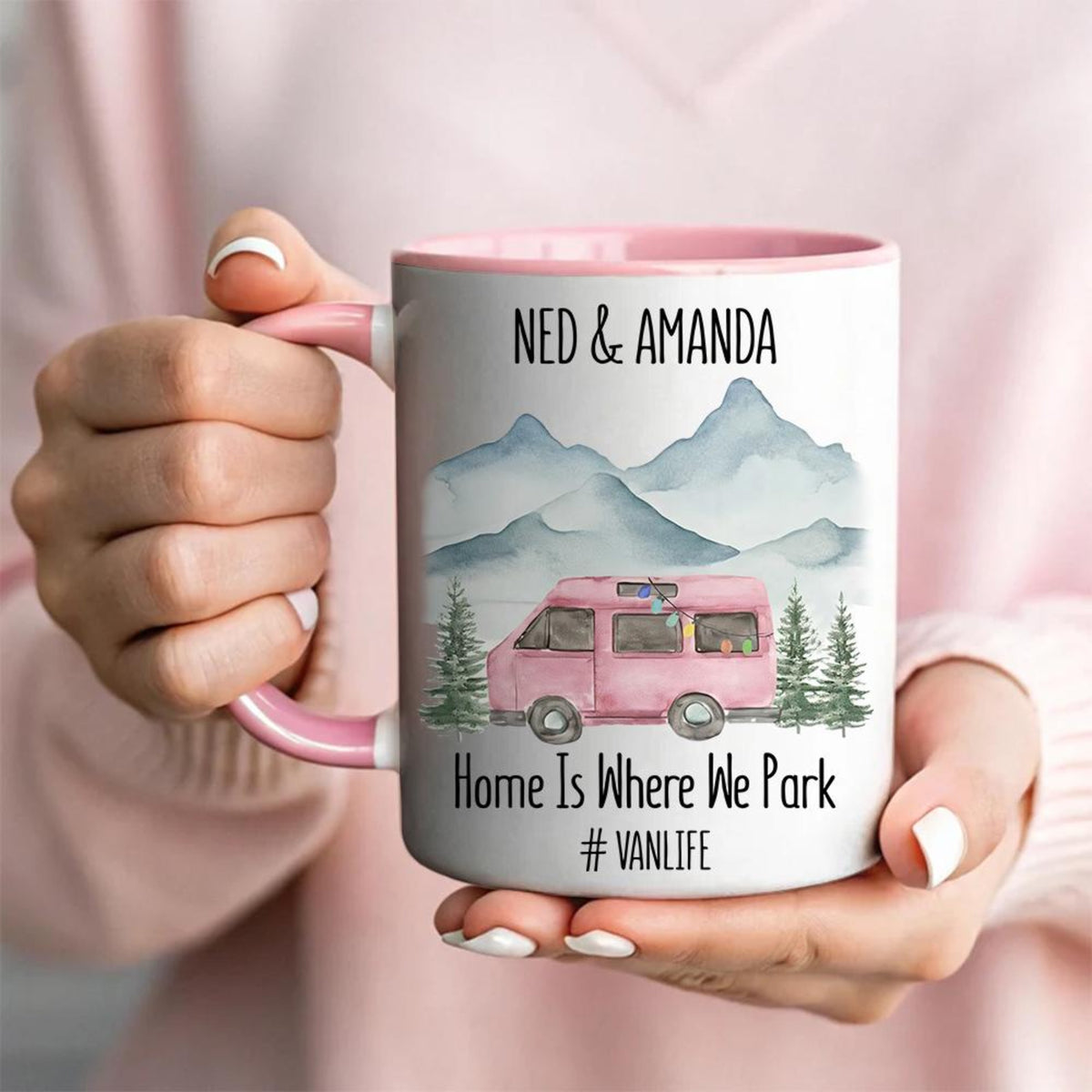 Personalized Happy Camper Mugs, Couple Camping Mugs, Van Life Mugs, Custom Names Couple Mugs, His And Hers, Home Is Where We Park Retro Van
