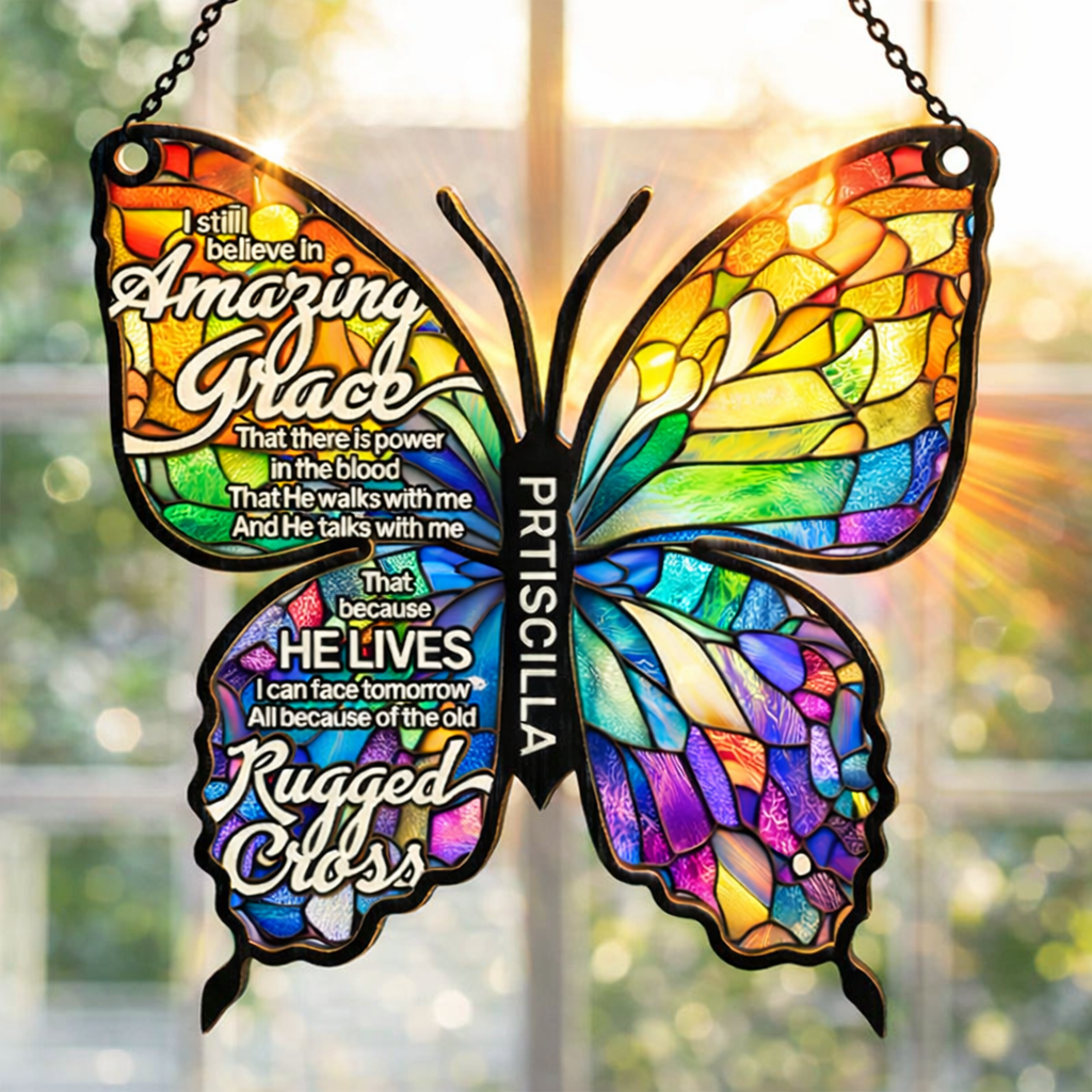 Amazing Grace Cross Butterfly - Personalized Suncatcher Ornament - Christian Gift