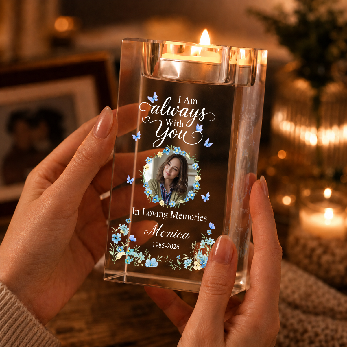 I Am Always With You Memorial Flower Blessing - Personalized Crystal Candle Holder