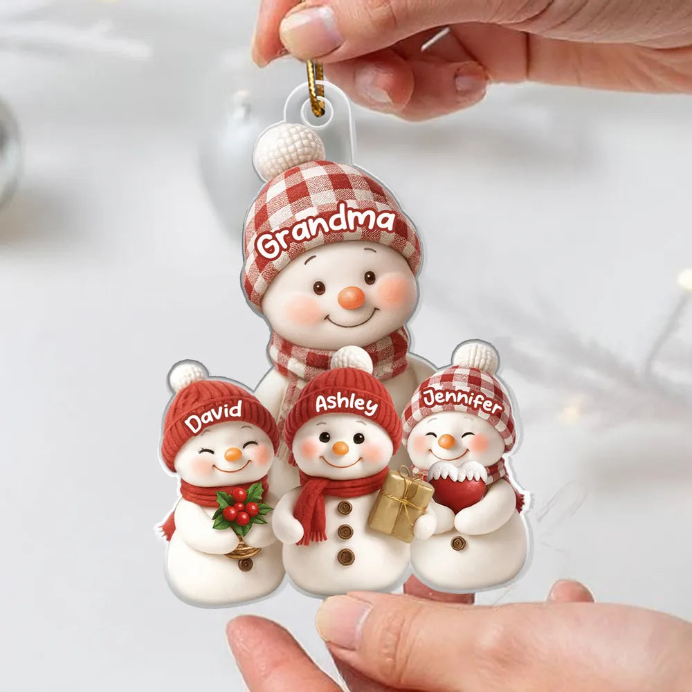 Christmas Holiday Snowman Grandma and Grandkids - Personalized Acrylic Ornament - Christmas Gift for Grandma, Grandkids