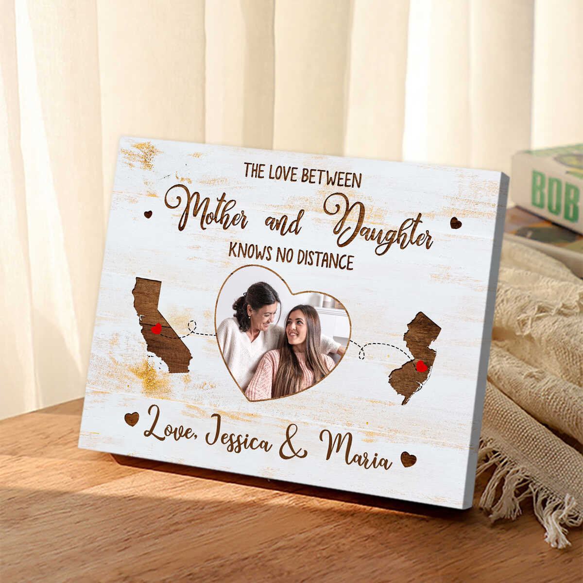 Love Between Mother & Daughter Knows no Distance Wooden Pattern - Personalized Cancas - Gift For Mother, Daughter, Long Distance Gift