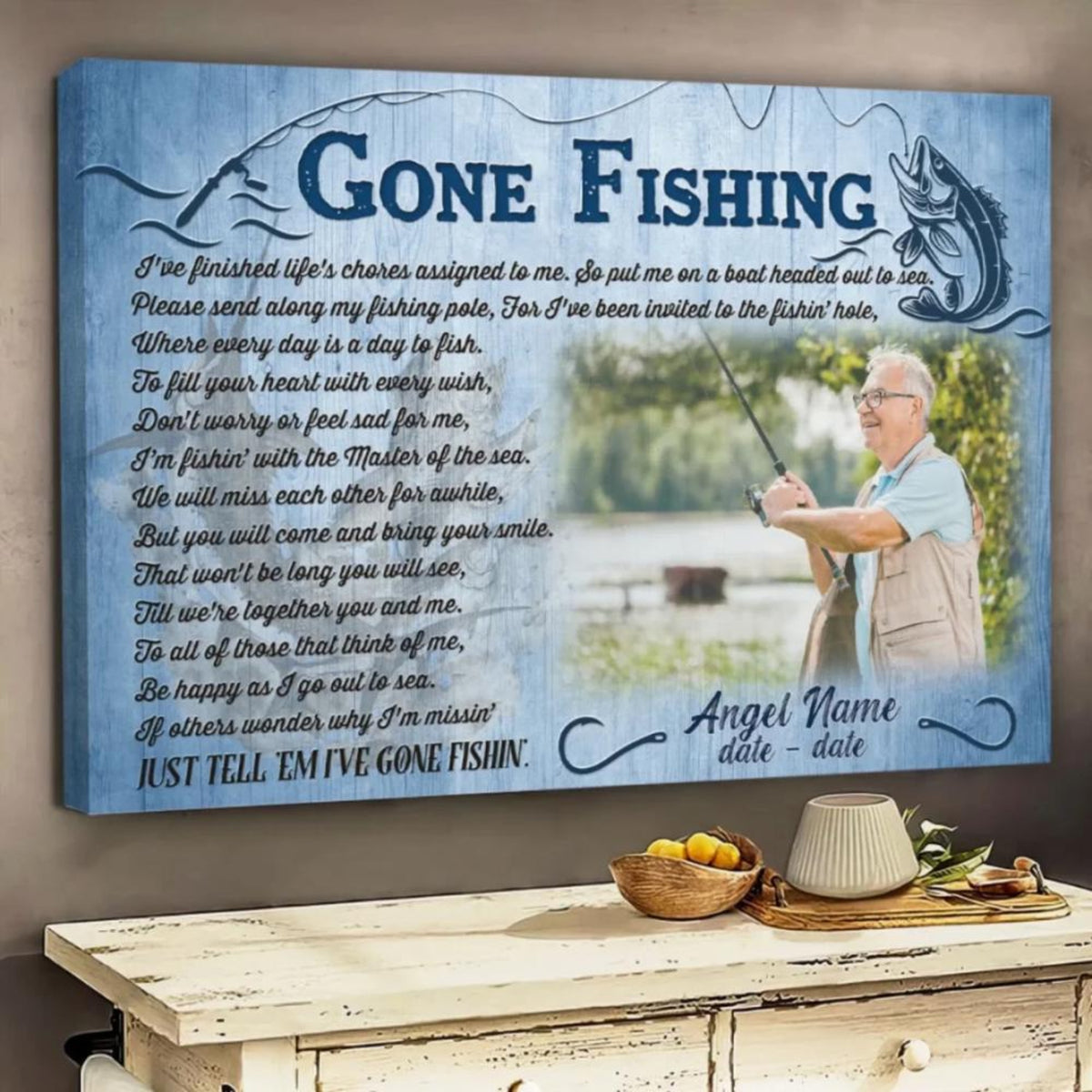 Memorial Gone Fishing - Personalized Canvas - Sympathy Gift for Family, Memorial Father Grandpa