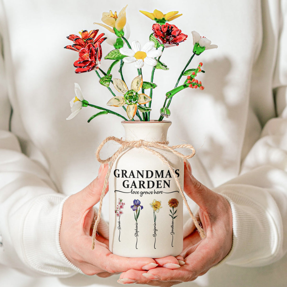 Grandma's Garden - Personalized Ceramic Vase With Glass Flower - Gift For Grandma Mom, Mother's Day Gift