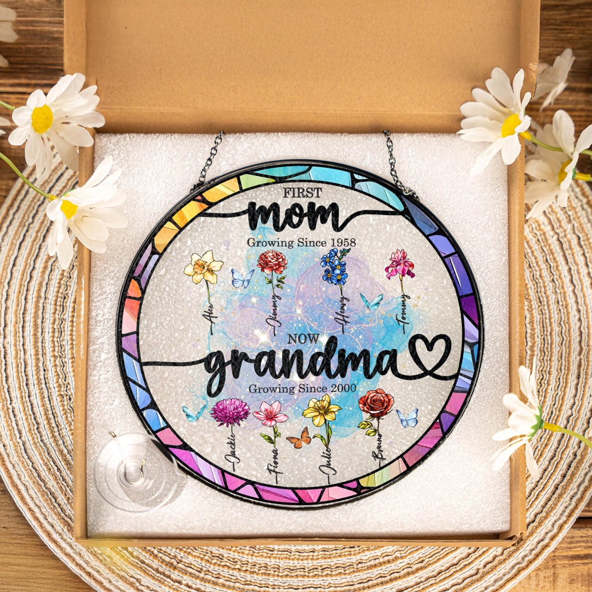 First Mom now Grandma Stained Glass Suncatcher, Grandma's Garden Suncatcher, Birth Flower Stained Glass Suncatcher Mothers Day Gift For Mom