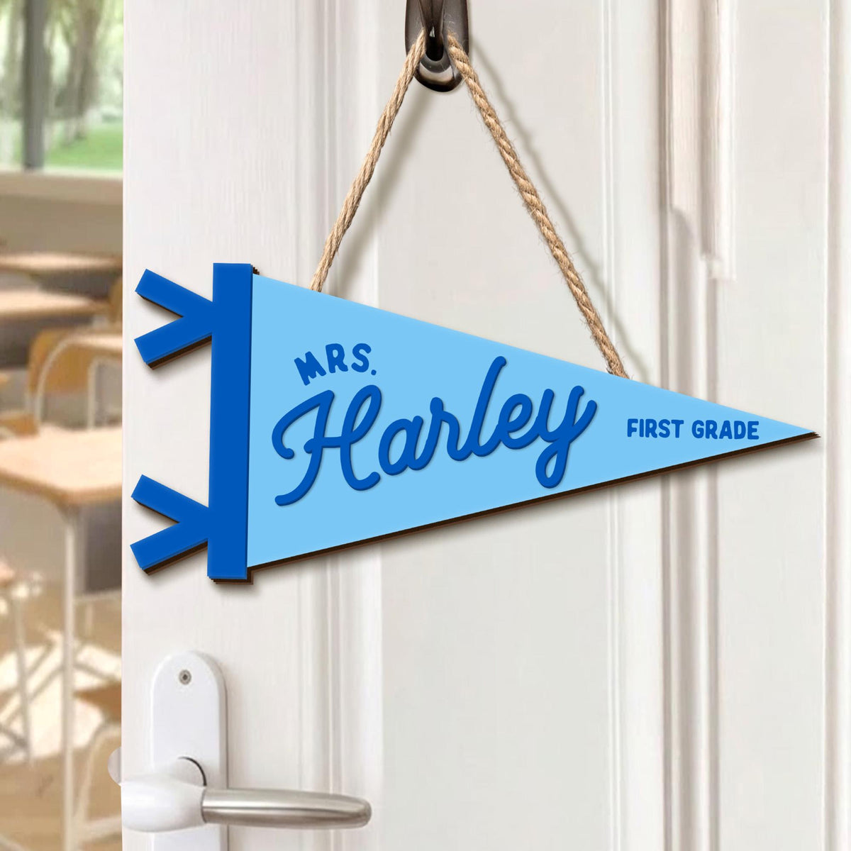 Personalized Teacher Pennant Flag Door Sign, Custom Teacher Name And Grade Sign, Back To School Gift, Teacher Gift, Class Welcome Sign