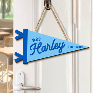 Personalized Teacher Pennant Flag Door Sign, Custom Teacher Name And Grade Sign, Back To School Gift, Teacher Gift, Class Welcome Sign