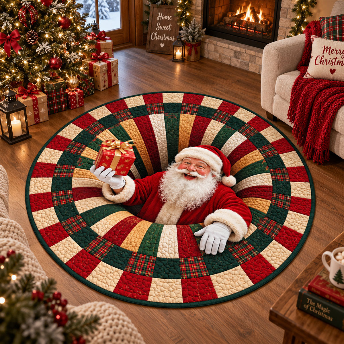 3D Santa Claus Vortex Christmas Rug, Round Optical Illusion Area Rug, Santa Floor Mat, Holiday Living Room Decor, Christmas Gifts