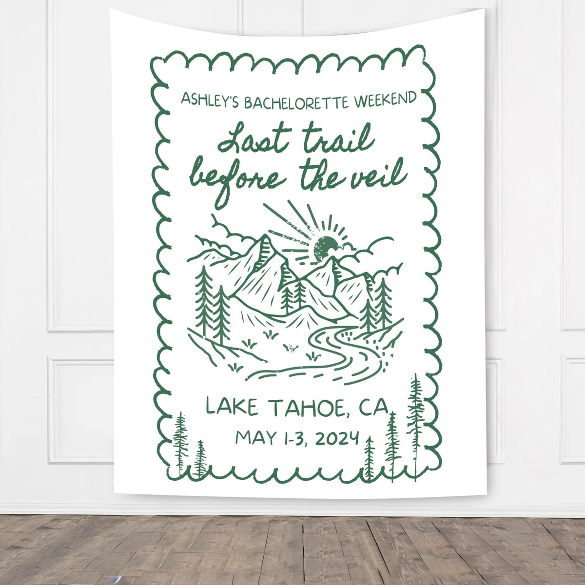 Custom Bachelorette Party Decor, Mountain Bachelorette Party Banner, Forest Bach Tapestry, Last Trail Before The Veil Hiking Bridal Shower