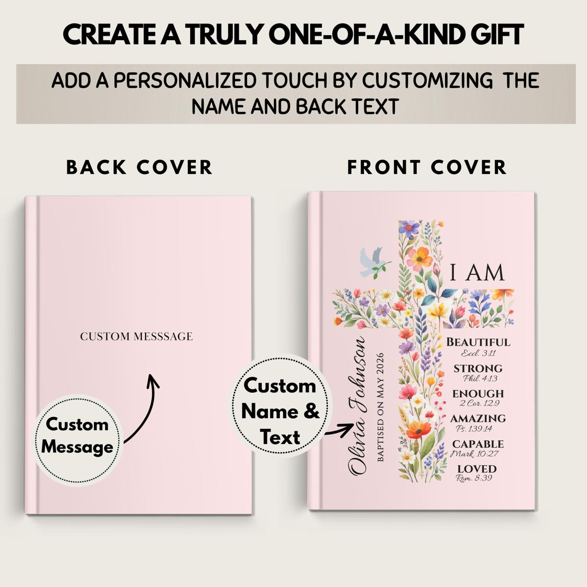 Personalized Confirmation Gift for Teens, Floral Cross Journal with Custom Name, First Communion Keepsake for Girls, Baptism Journal