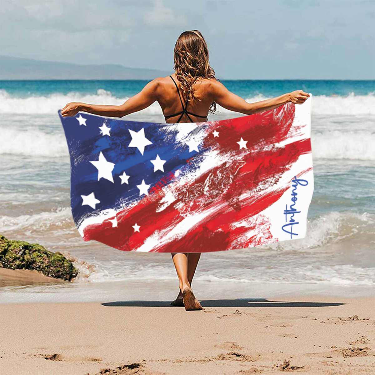 American Flag Custom Beach Towel, Independence Day Pool Towel, Personalized Stars Name Towel, Patriot Summer Gift, 4 th of July Design