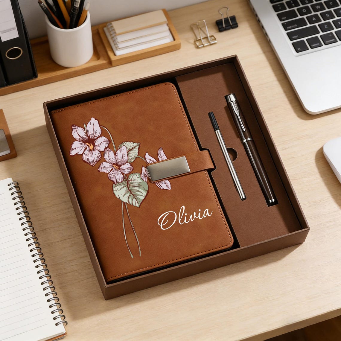 Personalized Bridesmaid Birth Flower Notebook Set, Custom Name Journal with Pen, Bridesmaid Gift, Bridal Party Gift, Maid of Honor Gift