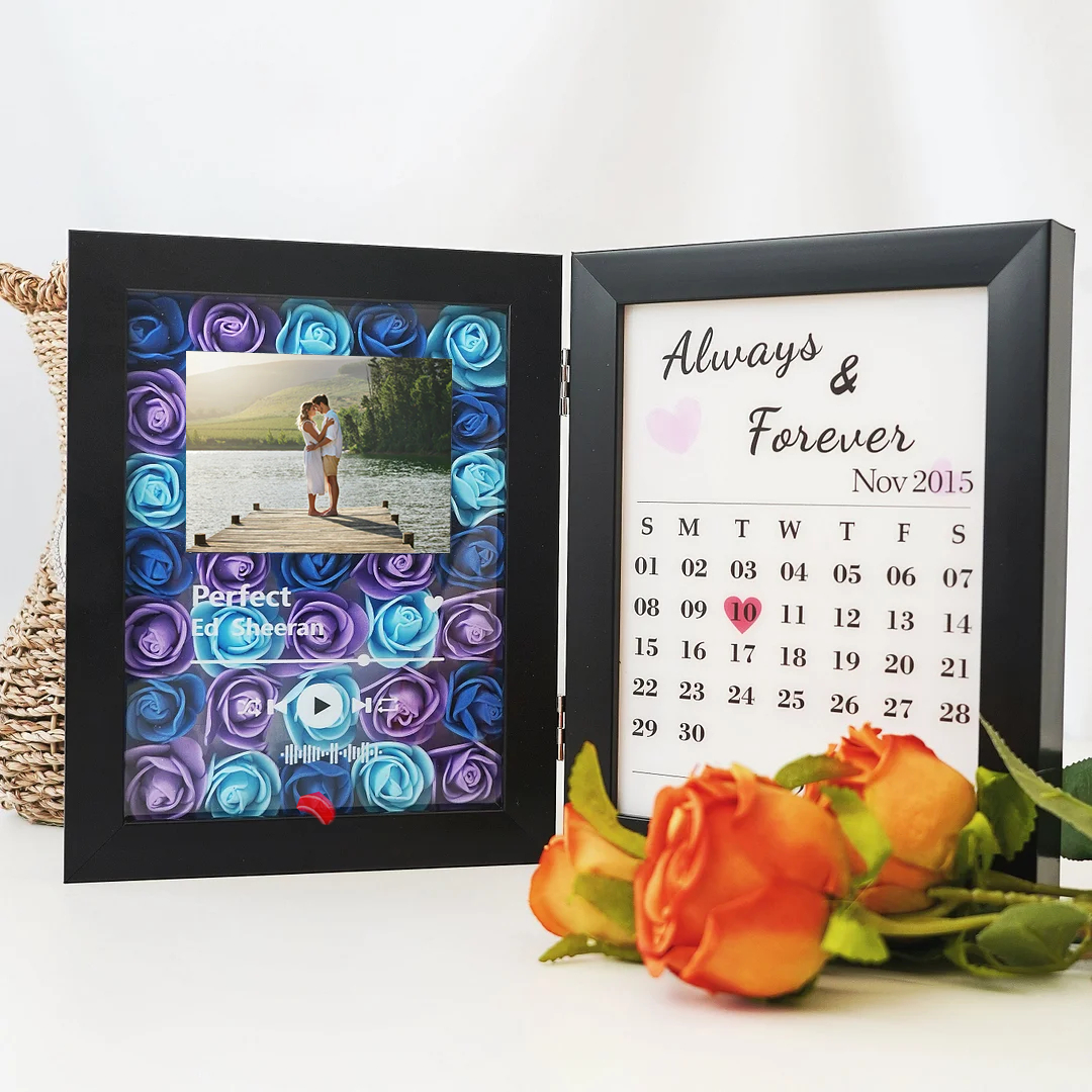 Custom Music Player With Photo & Date - Personalized Flower Hinged Double Frame - Gift For Family, Couple, Mother, Friends