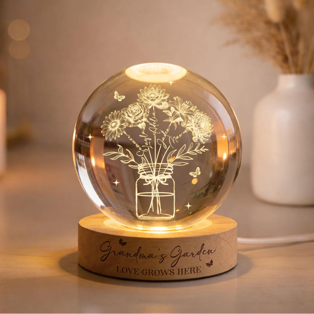 Personalized Grandma's Garden Crystal Ball Night Light, Birth Month Flower Lamp, Grandma Mother's Day Gift, Gift from Kids