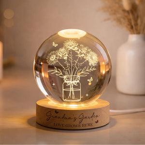 Personalized Grandma's Garden Crystal Ball Night Light, Birth Month Flower Lamp, Grandma Mother's Day Gift, Gift from Kids