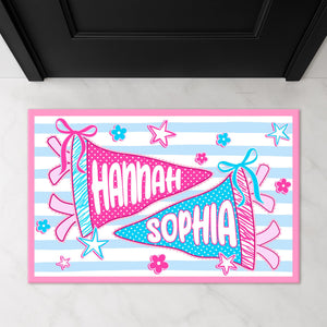 Personalized Pennant Name Dorm Welcome Mat: Preppy Bow Dorm Decor For College Girl, Best Roommate Gift, Stripped Apartment Decor For Bestie