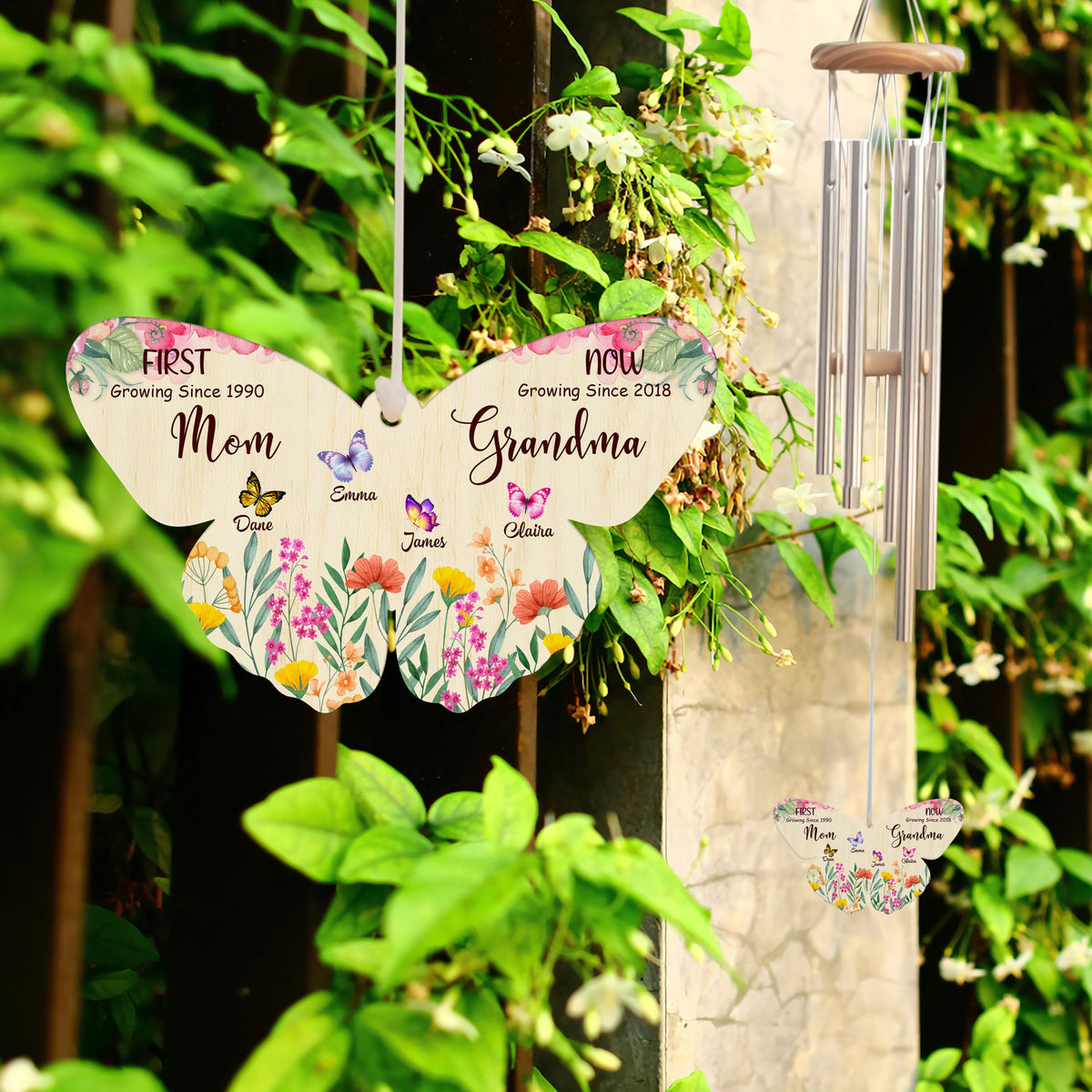 First Mom Now Grandma Butterfly Shape Pendant - Personalized Windchime - Gift For Grandma, Mother's Day, Birthday Gift