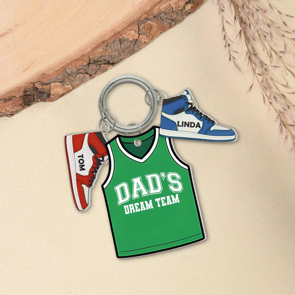 Dad's Dream Team Keychain, Personalized Basketball Jersey Gift with Kids' Sneaker Charms, Custom Father's Day Gift for Sports Dads