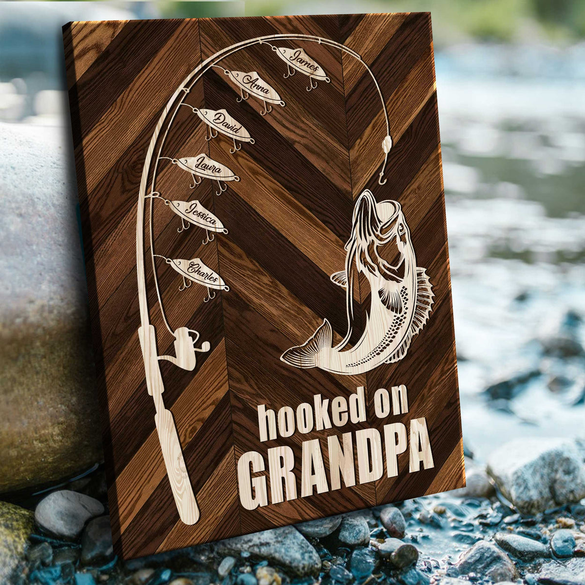 Hooked On Grandpa Custom Fishing Canvas, Grandpa Fishing Gift From Grandkids, Fishing Gifts For Father s Day 2025, Grandfather Fishing Sign