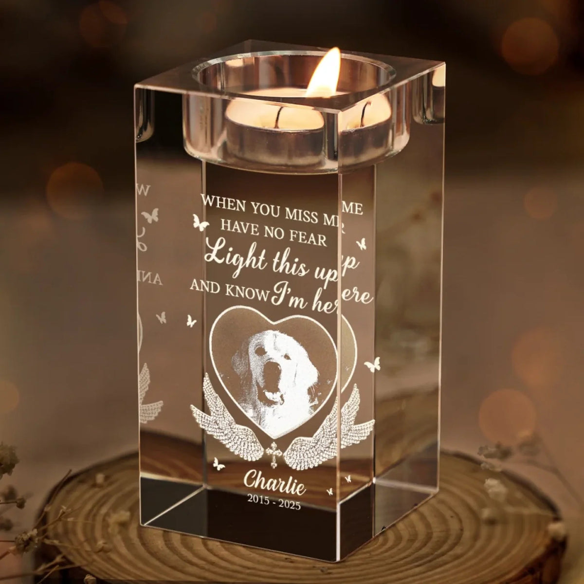 When You Miss Me Light This Up - Personalized Crystal Candle Holder - Pet Memorial