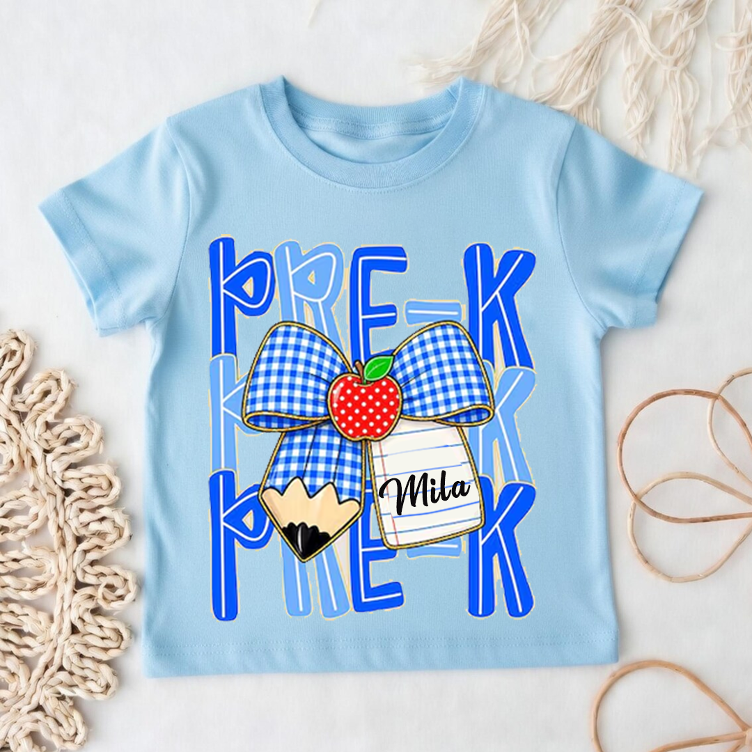 Preppy Back To School, Blue Gingham Pencil Bow, Custom Teacher Team, Pre-K To Fourth Grade Team