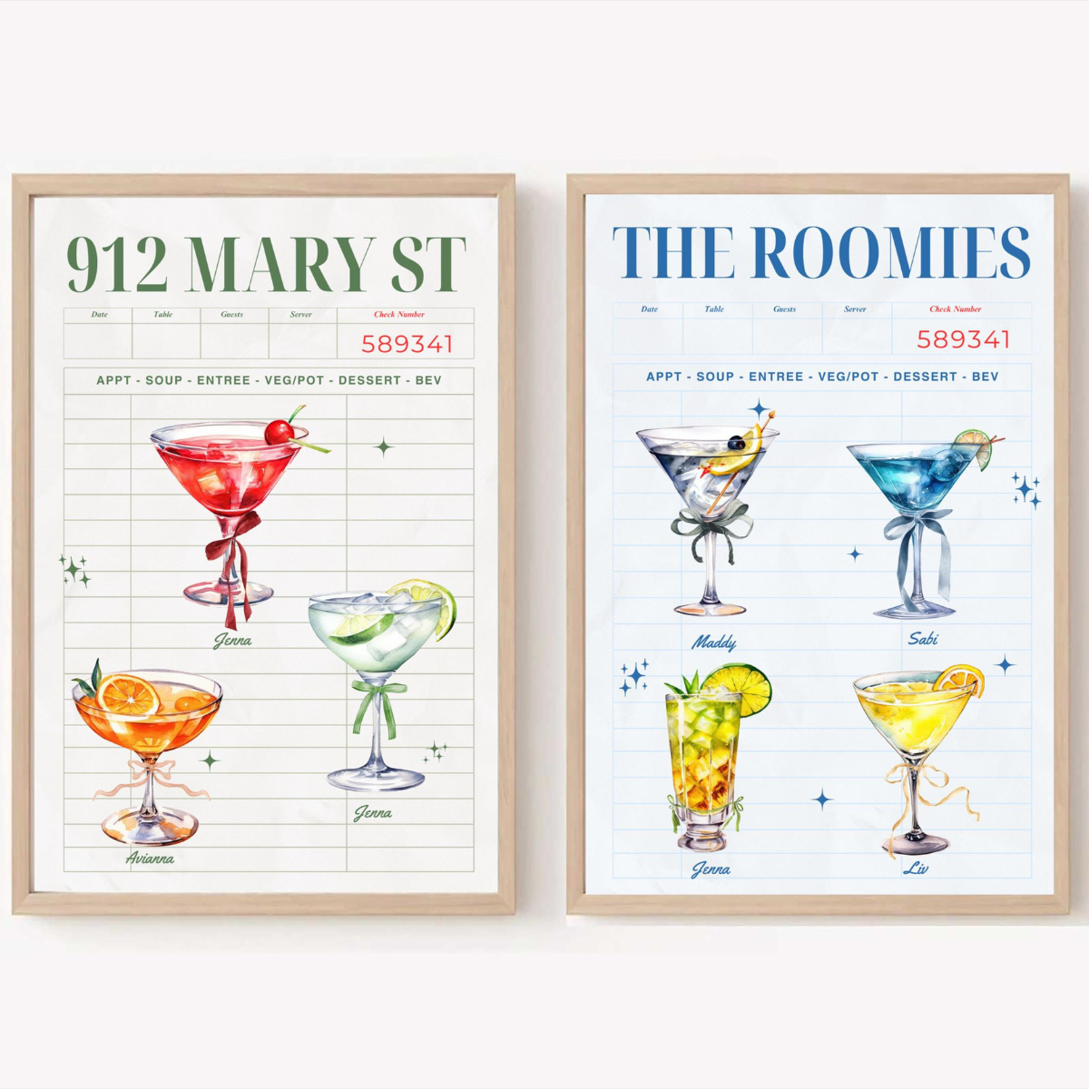 Custom Cocktail Print, Personalized Roomates Gift Idea For Friends, Group Names As Drinks, College Dorm Wall Art Decor