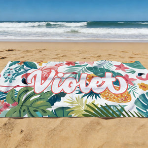 Custom Flamingo Tropic Summer Beach Towel, Flamingo Jungle Theme Gift, Custom Name Holiday Travel Bath Towel, Beach Lover's Gift, Gift for Girls
