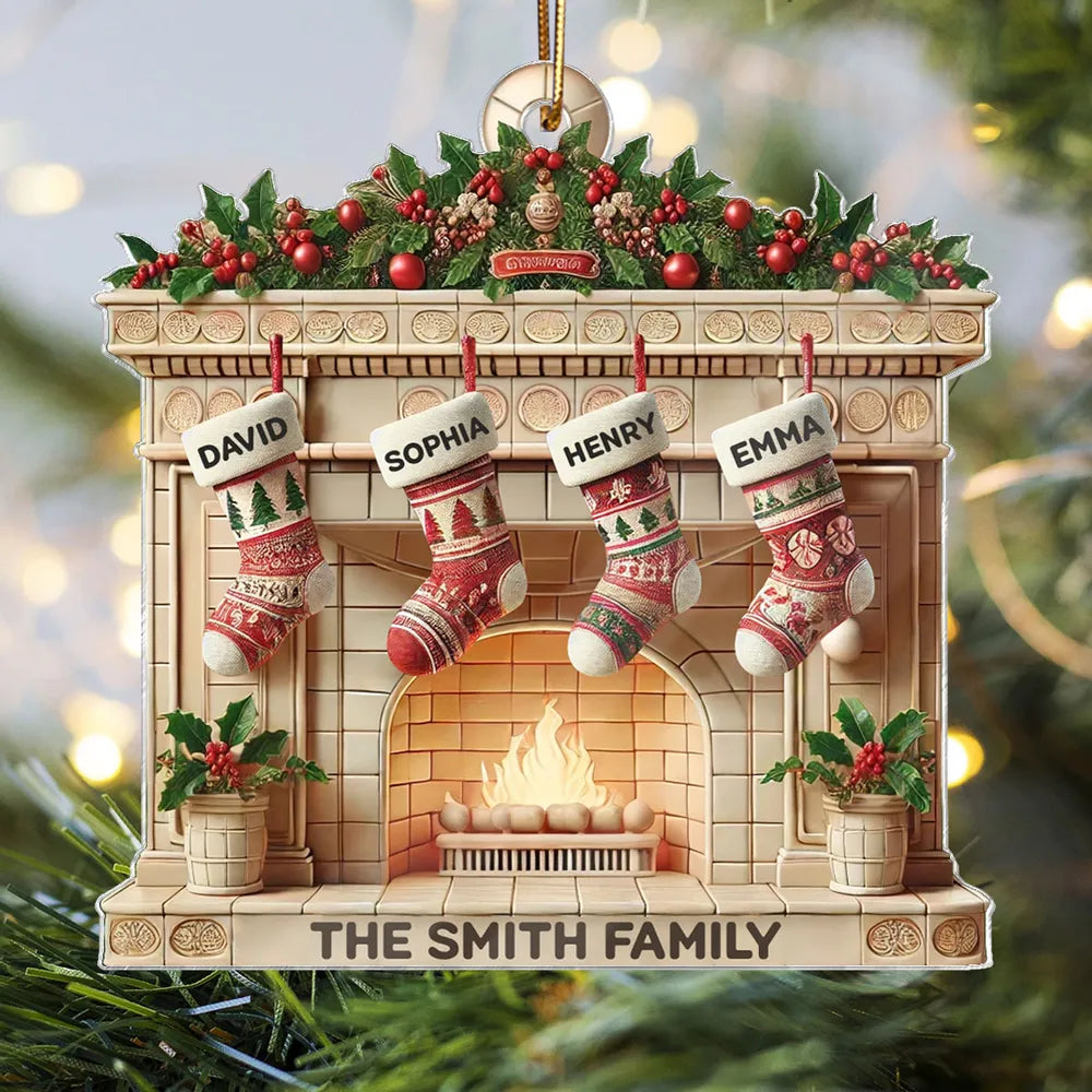 Christmas Retro Fireplace 3D Efect Family Christmas Stockings On Mantel Ornament, Christmas Gift For Family, Keepsake Ornament