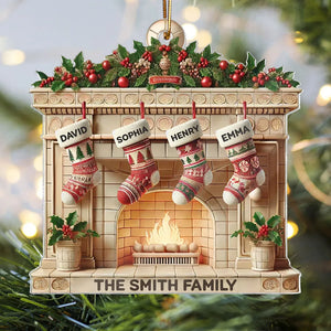 Christmas Retro Fireplace 3D Efect Family Christmas Stockings On Mantel Ornament, Christmas Gift For Family, Keepsake Ornament