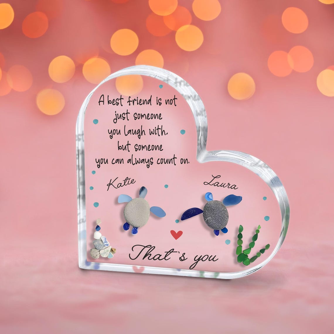 Personalized Heart Acrylic Friendship Gift, Sea Glass Turtle Keepsake for Best Friends, Custom Names Pebble Art, Besties Plaque Gift for Her