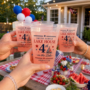 Personalized Lake House Plastic Cups, Custom 4th of July Cups, America 250 Family Lake Party Cups, Patriotic Plastic Cups