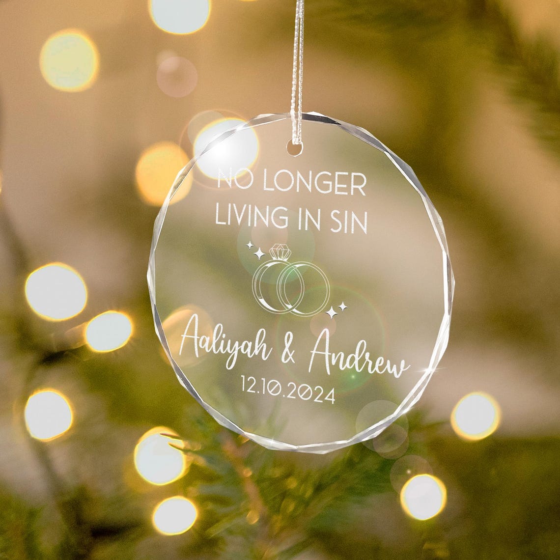 Custom No Longer Living In Sin Ornament, Just Married Christmas Ornament, First Year Married Gift for Newlyweds, Anniversary Gift for Couple