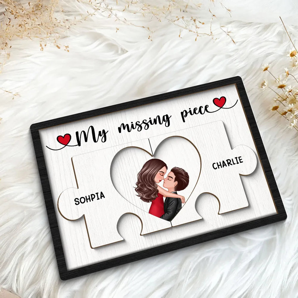 Couple Kissing Missing Piece In Puzzles - Personalized Wooden Plaque - Valentine s Day Gift For Him, For Her