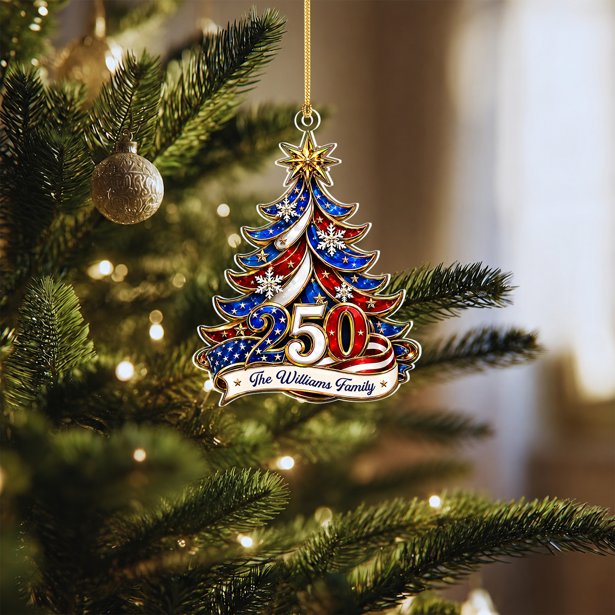 Ornament Patriotic Christmas Tree 250 - Personalized Acrylic Ornament 2d Flat, Custom Family Name America 250th Anniversary Christmas Gift, USA 1776-2026 Keepsake