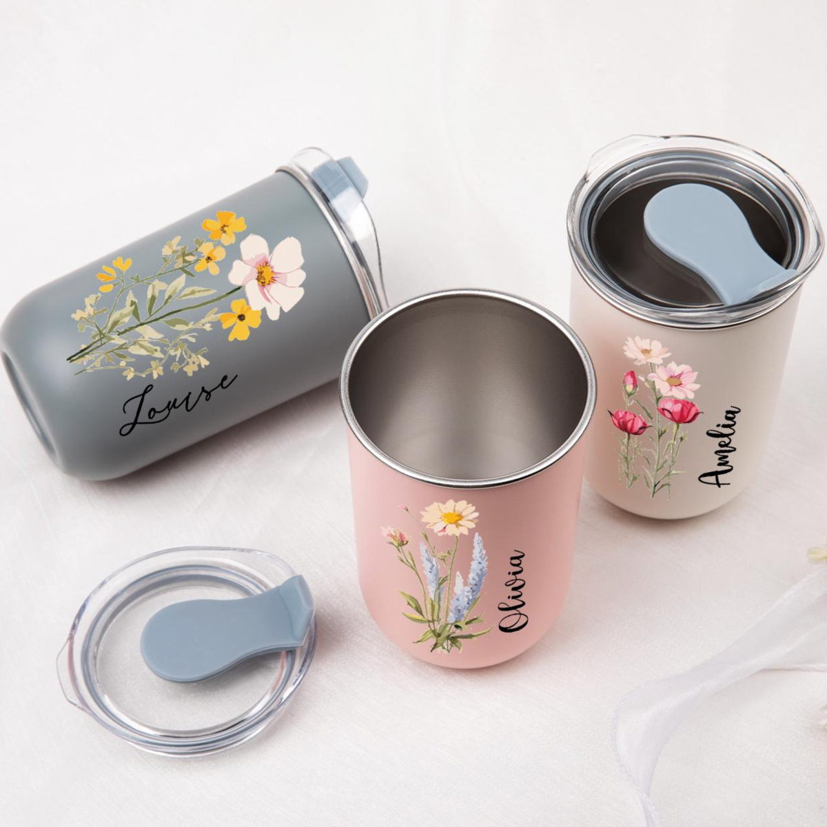 Personalized Floral Stainless Steel Tumbler, Bridesmaid Wedding Travel Cup 10oz, Gift For Her
