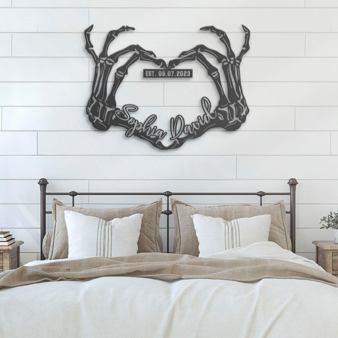 Custom Skeleton Hand Heart Name And Date Metal Wall Art LED Light, Personalized Heart Infinity Sign Decor, Couple Halloween Love Decoration