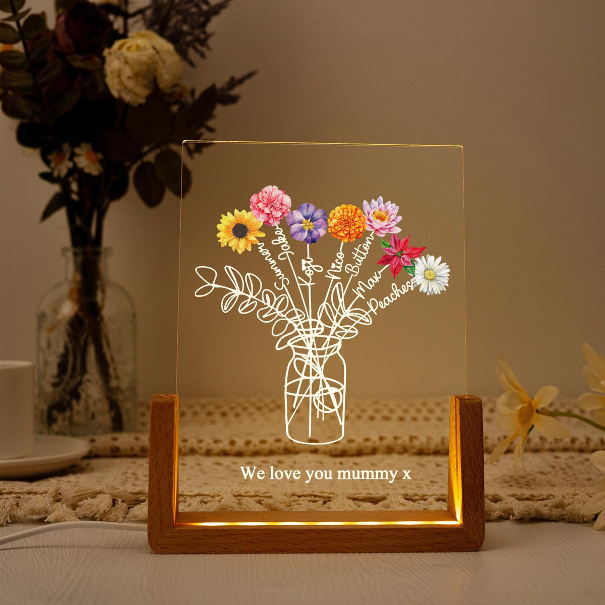 Custom Family Bouquet Night Light, Mothers Day Gift, Mum's Bunch with Kids Name, Birth Flower Lamp, Gift for Mom/Grandma, Mother's Day Gift