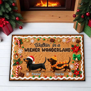 3D Effect Christmas Happy Pawliday Dachshunds Walking Gingerbread Cookie Theme - Personalized Doormat - Christmas Gift For Family