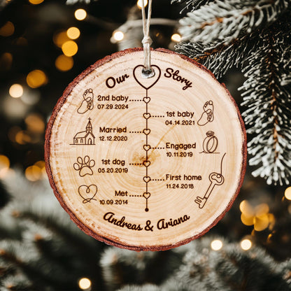 Custom Anniversary Wedding Wood Ornament, Personalized Love Story Timeline Gifts for Him, Anniversary Christmas Ornament Gift for Husband