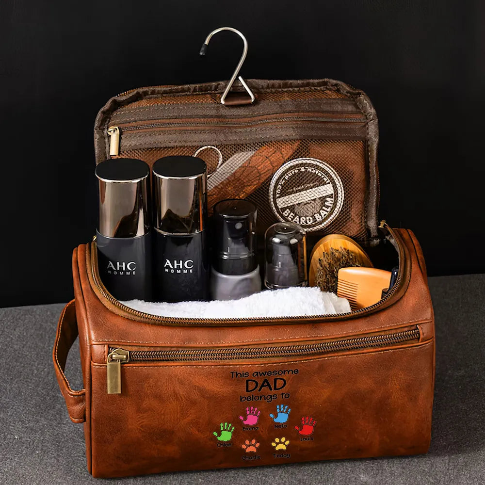 This Awesome Dad Belong To - Personalized Leather Toiletry Bag - Gift For Father, Grandpa, Father's Day Gift