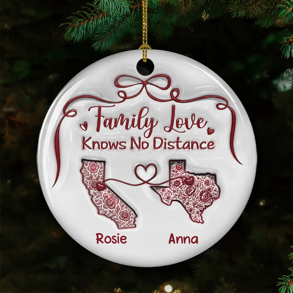 Family Love Knows No Distance Toile De Jouy - Personalized 3D Inflated Effect Ornament - Gift For Family, Christmas Gift