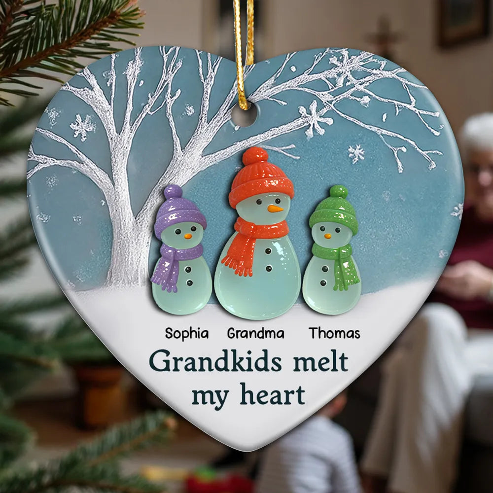 3D Effect Sea Glass Snowman Grandma & Grandkids - Personalized Ceramic Ornament - Christmas Gift For Grandchildren, Grandma