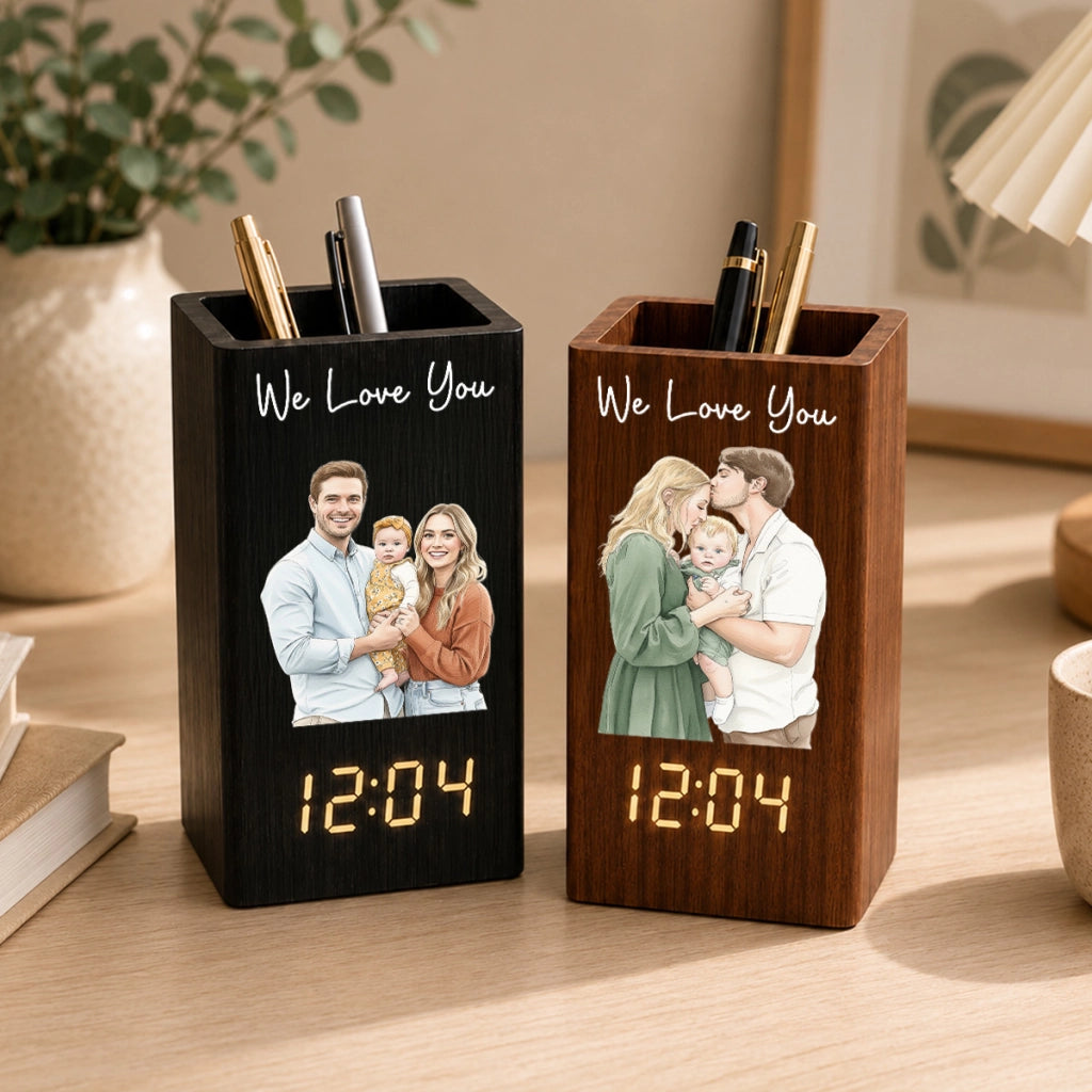 Custom Watercolor Photo - Personalized Pen Holder With Clock - Gift For Couple, Gift For Family