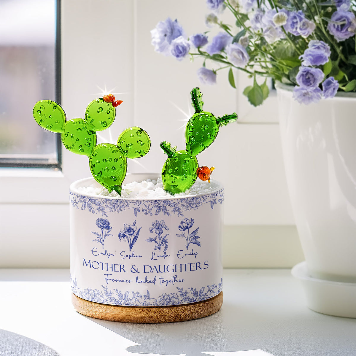 Mother & Daughters Forever Linked Together - Personalized Mini Glass Flower Plant Pot - Gift For Mom Grandma, Mother's Day Gift
