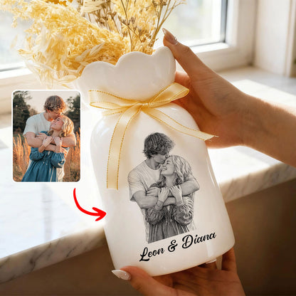 Custom Line Portrait Flower Vase, Personalized Ceramic Flower Vase with Couple Photo Drawing, Wedding Anniversary