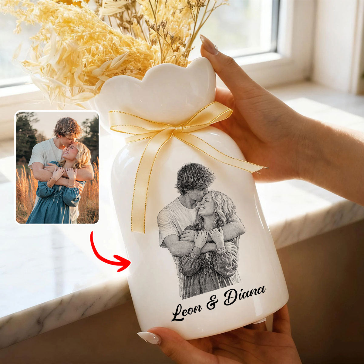 Custom Line Portrait Flower Vase, Personalized Ceramic Flower Vase with Couple Photo Drawing, Wedding Anniversary