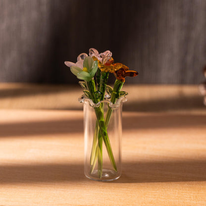 Mini Glass Flower Vase, Handcrafted Floral Figurine, Miniature Flowers Bouquet, Mother's Day Gift