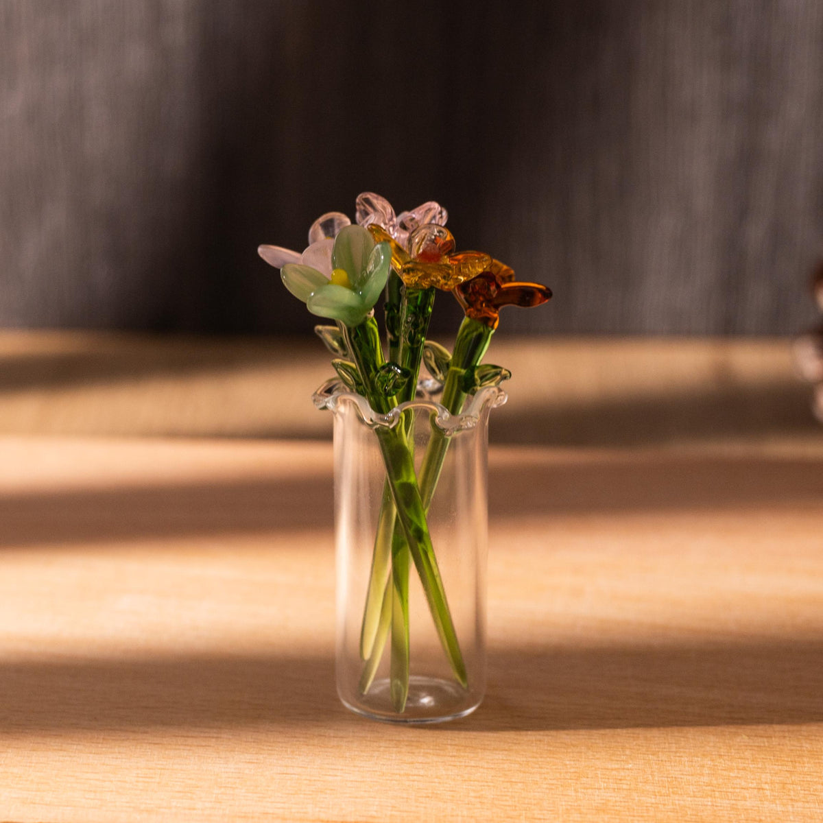 Mini Glass Flower Vase, Handcrafted Floral Figurine, Miniature Flowers Bouquet, Mother's Day Gift