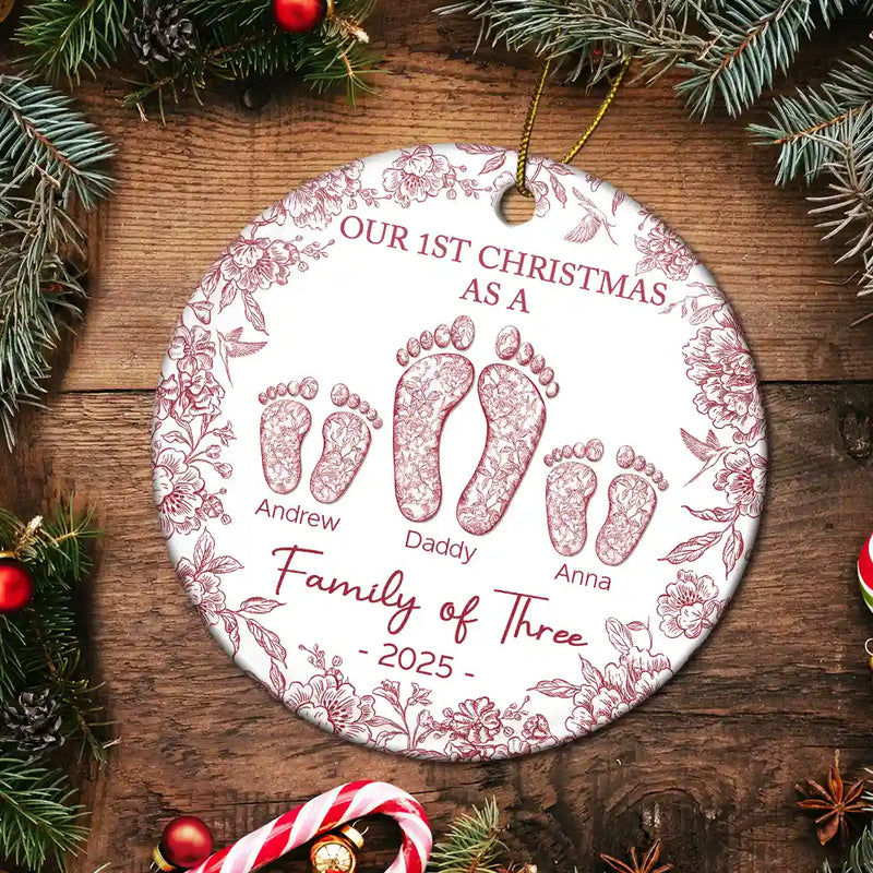 First Christmas As A Family Of Four Toile Footprints - Personalized Ornament - Gift For Family