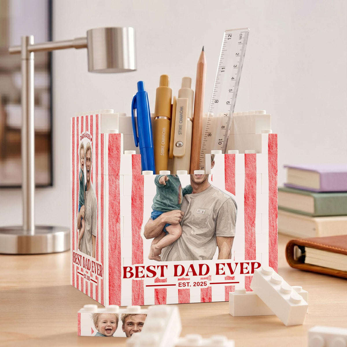 Personalized Best Dad Ever Photo Building Pen Holder, Custom Dad And Kids Photo Building Block, Father s Day Gift, New Dad Gift